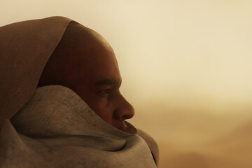 3D Rendering of covered man looking out over the desert