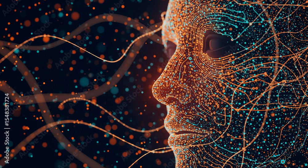 Poster Abstract digital face formed by glowing lines and particles, set against a dark background with flowing light trails, representing artificial intelligence, technology, and futuristic concepts
