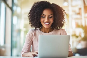 Hispanic woman with curly hair working on laptop in sleek modern office