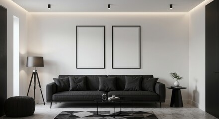 Modern Living Room Mockup: Stylish black sofa, tripod lamp, and two black framed posters in a minimalist living room setting. Perfect for interior design projects. 