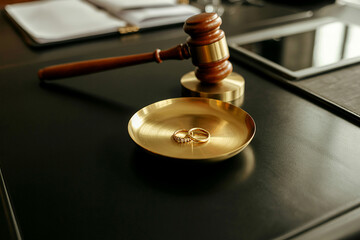 Golden wedding rings in a decorative brass dish next to a judge's gavel representing a divorce case.