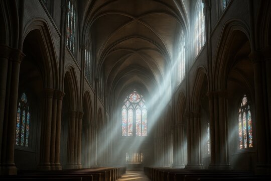 Gothic cathedral interior with dramatic lighting and atmospheric smoke creating mysterious sacred architecture