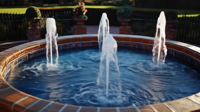 Water fountain in a garden with clear blue water and brick border.