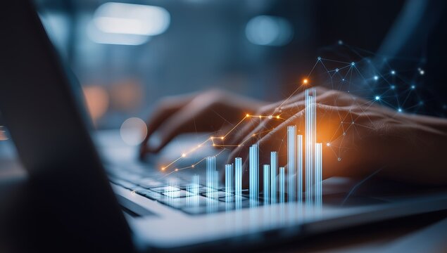 Businessman use laptop ,analytics and financial and bank technology concept, chart from computer laptop,Business growth concept