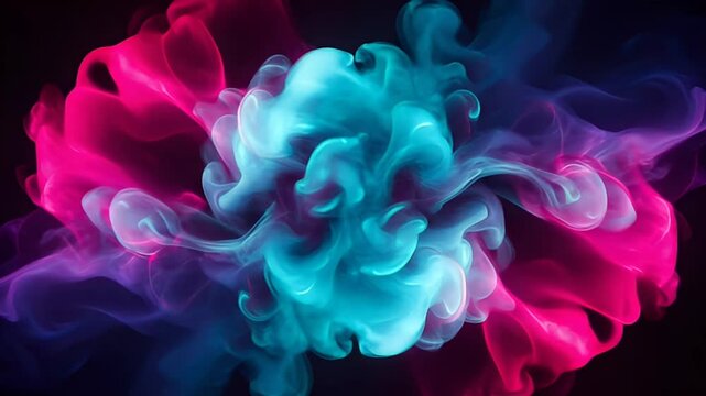 Abstract Pink and Turquoise Smoke Swirling Dynamically on Black Background Creating a Mesmerizing Visual Effect with Vibrant Colors in Contemporary Style