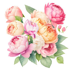 Pastel shades of peony roses isolated background