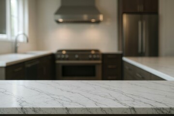 Pristine white marble kitchen island with soft natural lighting and blurred modern appliances in background