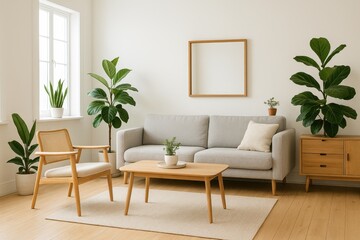 Scandinavian home interior with white walls and carefully placed green plants creating fresh minimalist atmosphere