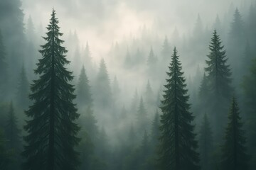 Obraz premium Mystical morning mist rolling through ancient pine forest canopy