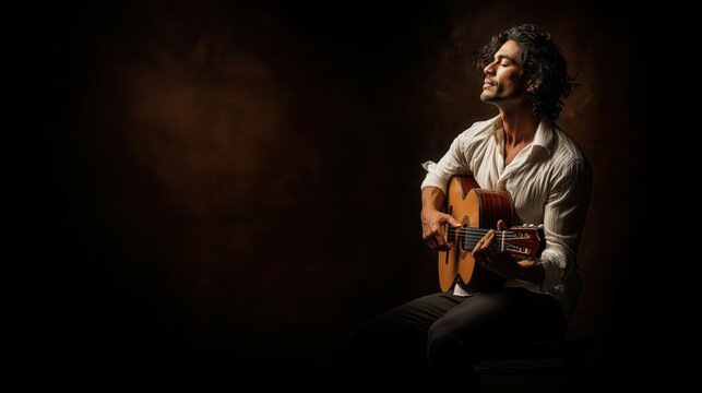 A dramatic side-lit portrait of a flamenco guitarist mid-performance, eyes closed in emotional focus.