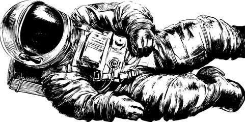 Vintage astronaut floating with helmet sketch for retro space design