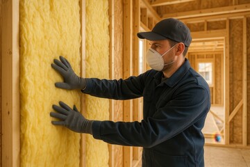 Professional construction worker installing energy-efficient wall insulation