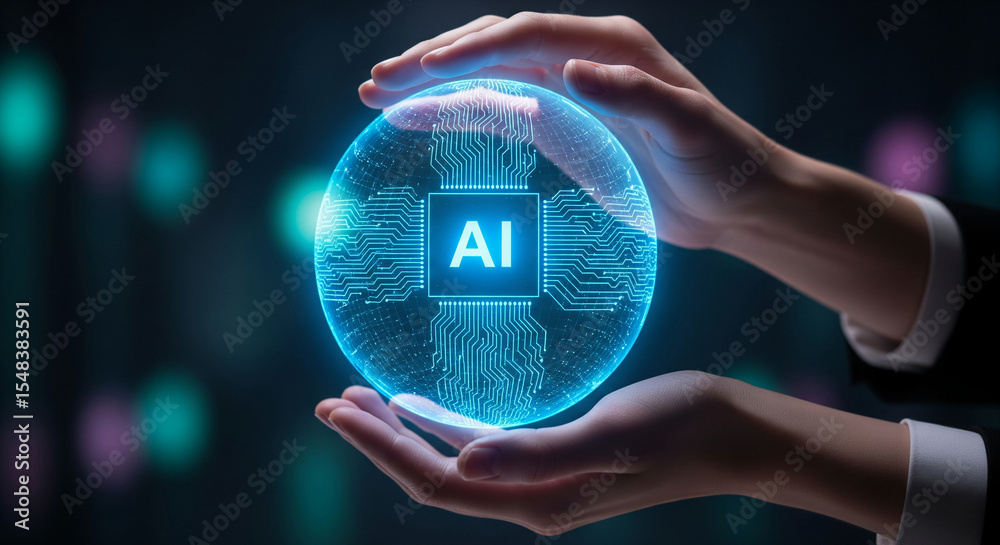Poster Hands gently cradle a glowing sphere displaying AI circuitry, symbolizing innovation, technological advancement, and careful control of artificial intelligence