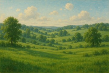 Rolling green hills landscape with panoramic mountain views