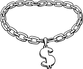 Chain necklace with dollar sign pendant black and white outline vector illustration graphic design accessory jewelry 
