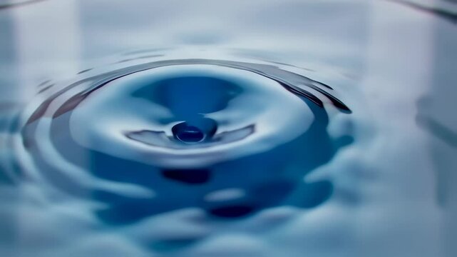 An ultra realistic closeup captures a blue droplet impacting a liquid surface. The slow motion reveals the detailed physics of the splash, rebound, and the serene ripple effect expanding outwards.