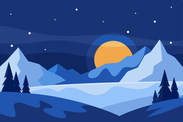 Fototapeta premium Winter mountain landscape with snow, moon, and a cold night sky