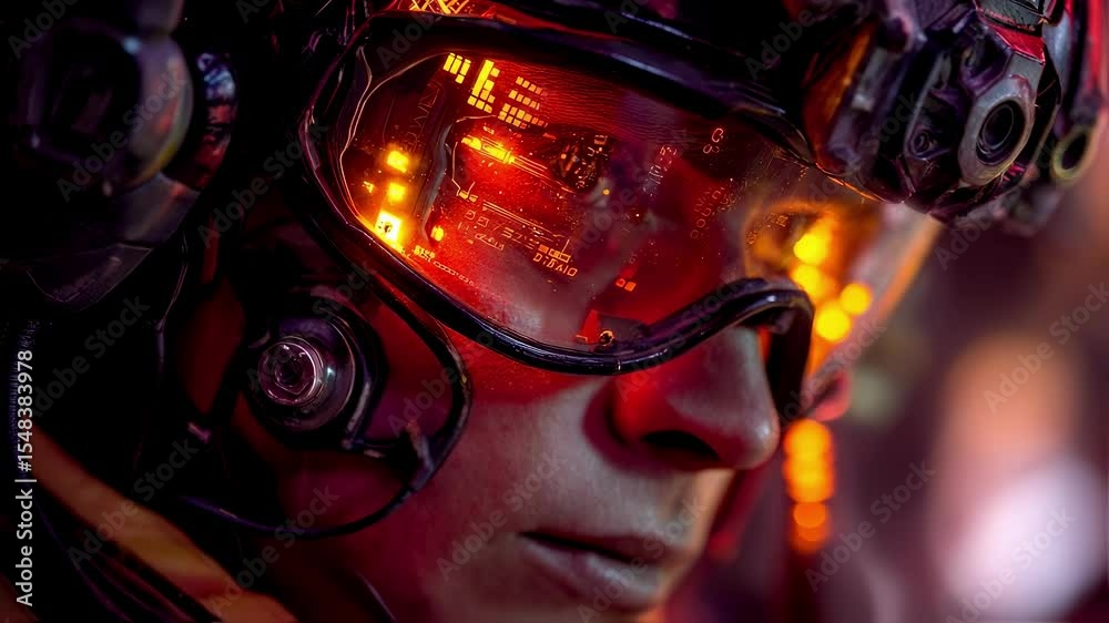 Poster futuristic soldier wearing a tactical augmented reality visor with head up display - hud - interface