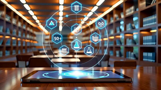 Tablet displaying holographic digital interface with glowing icons in modern library surrounded by bookshelves