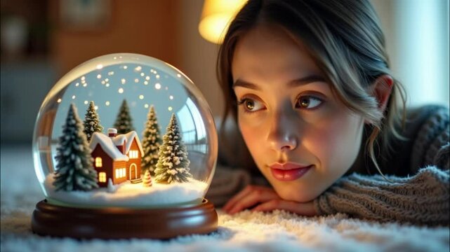 Woman admires a snow globe featuring a cozy winter scene with a small house and trees during a warm evening