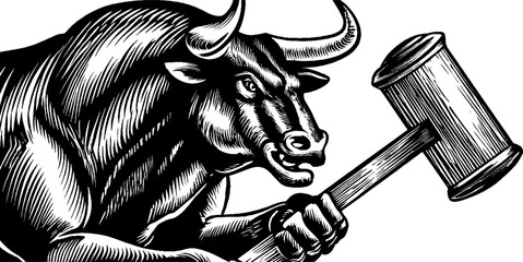 Powerful minotaur champion swinging war hammer in dynamic action pose