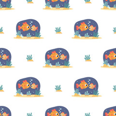 Seamless marine Pattern. Two Cute Fish with seaweed  on white background. Funny family Big and small animal. Underwater seascape landscape. Vector Illustration. Kids collection