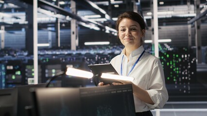 Data center team of technicians working on neural network software development. Server hub...