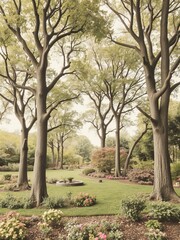Fototapeta premium A scenic view of a garden with mature trees, a stone fountain, and colorful flowers in the foreground