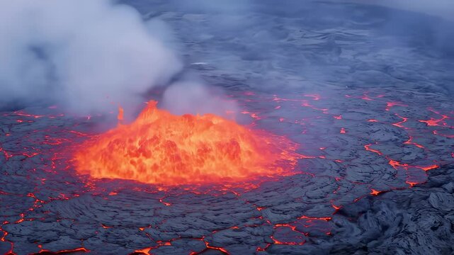 Molten rock glows with intense orange heat as it erupts from a volcanic fissure. The surrounding landscape is a dark, fissured plain of cooled lava, with fiery cracks webbing across its surface.
