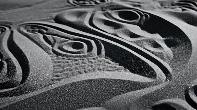 An extreme closeup captures the granular texture of a mysterious black sand surface, sculpted into a complex, tribal-like carving with deep shadows and shimmering highlights.