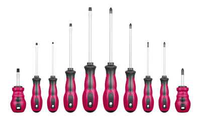 Set of Philips and flathead screwdrivers Red color on isolated white background close-up
