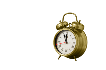 retro clock, watch, pointer clock, Yellow color alarm clock on isolated white background close up