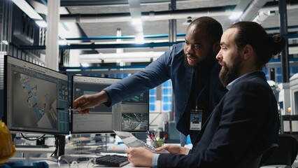 Team of diverse engineers partners evaluating solar performance in high tech industrial factory,...