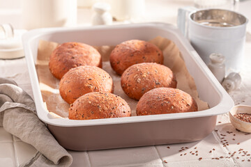 Homemade and healthy flax seed rolls baked in the bakery.