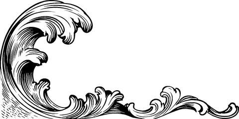 Fototapeta premium Vintage black and white wave crest corner swirl design for posters or cards