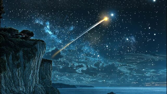 Shooting star streaking across night sky over coastal cliff. 