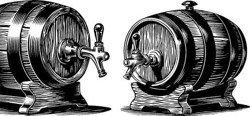 Black and white sketch of wooden rum barrels with taps for vintage design