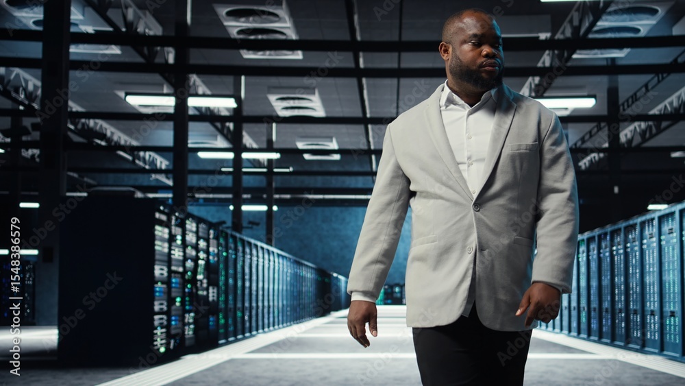 Poster admin working in high tech server hub capable of processing and storing vast amounts of data. africa