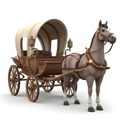 Fototapeta premium Cartoon Horse Pulling Covered Wagon Antique Wooden Carriage