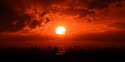 A dramatic red sun setting over a silhouetted city skyline