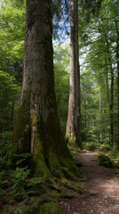 Naklejka premium A hiking path leading past giant ancient trees in a peaceful green forest