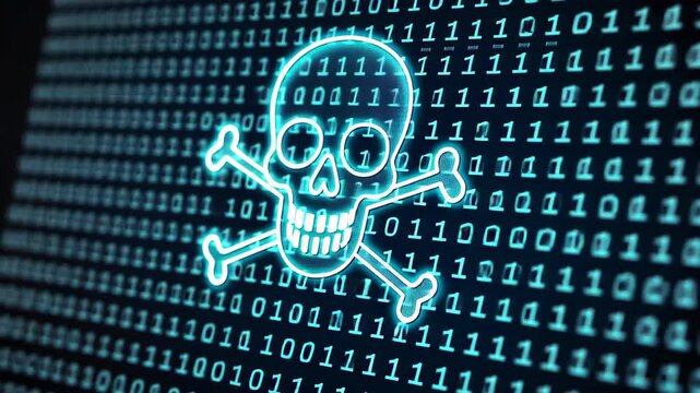 Digital Skull Warning: A striking visual representation of cyber threats, featuring a glowing skull and crossbones overlaying binary code.
