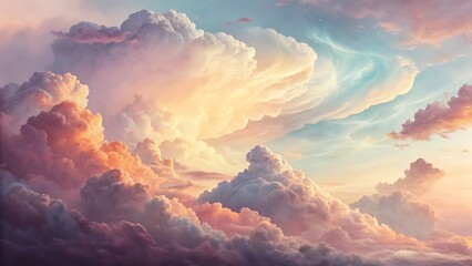 Dramatic cumulus clouds illuminated by golden hour sunlight in a pastel sky