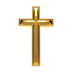 Gleaming golden cross religious symbol against a white background indicating spirituality hope faith and belief