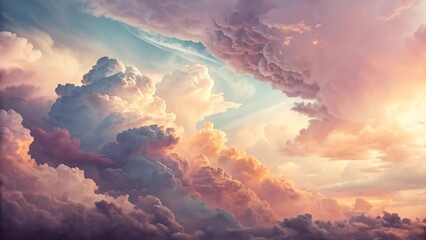 Dramatic cumulonimbus clouds illuminated by soft sunset light in a pastel sky