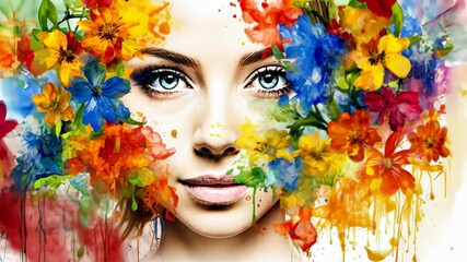 Blooming Beauty: A captivating woman is surrounded by vibrant, colorful flowers. a close-up of a woman's face adorned with a halo of radiant blossoms. - Powered by Adobe
