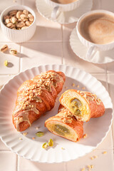 Homemade and sweet pistachio croissants ready to eat.