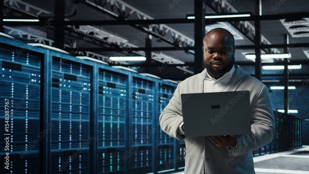 Poster data center engineer analyzing equipment performance, resolving technical issues. server farm employ