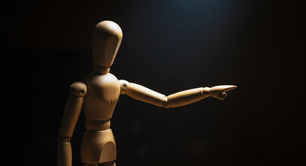 Wooden mannequin pointing to the right with dark background and spotlight illumination effect present
