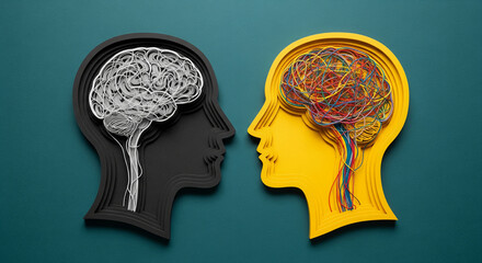 Two layered paper heads profile, one black with white brain, other yellow with multicolored brain, symbolizes contrasting thought processes, mental health, or creative vs analytical thinking